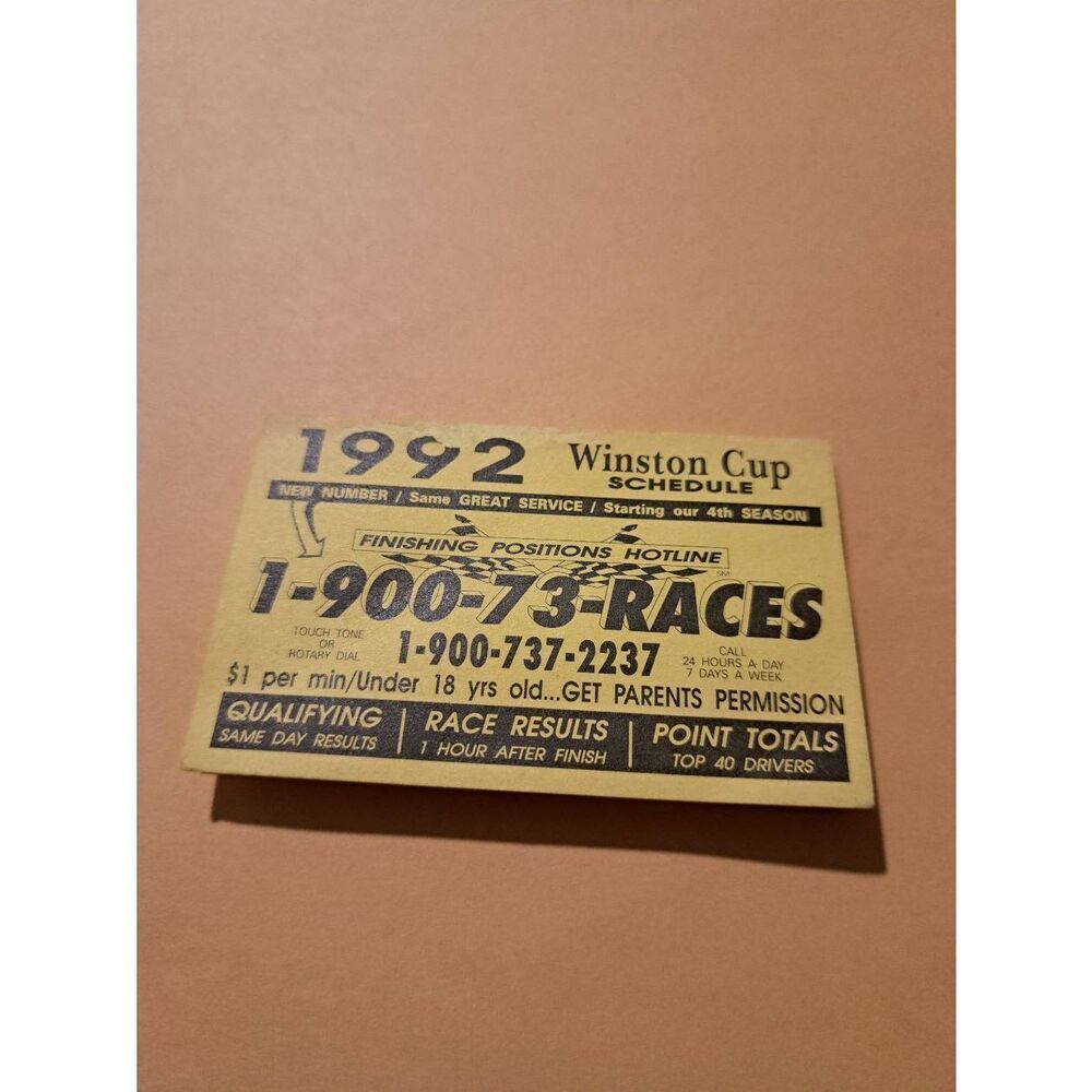Vintage 1992 Winston Cup Pocket Schedule Finishing Position Hotline NASCAR Promo